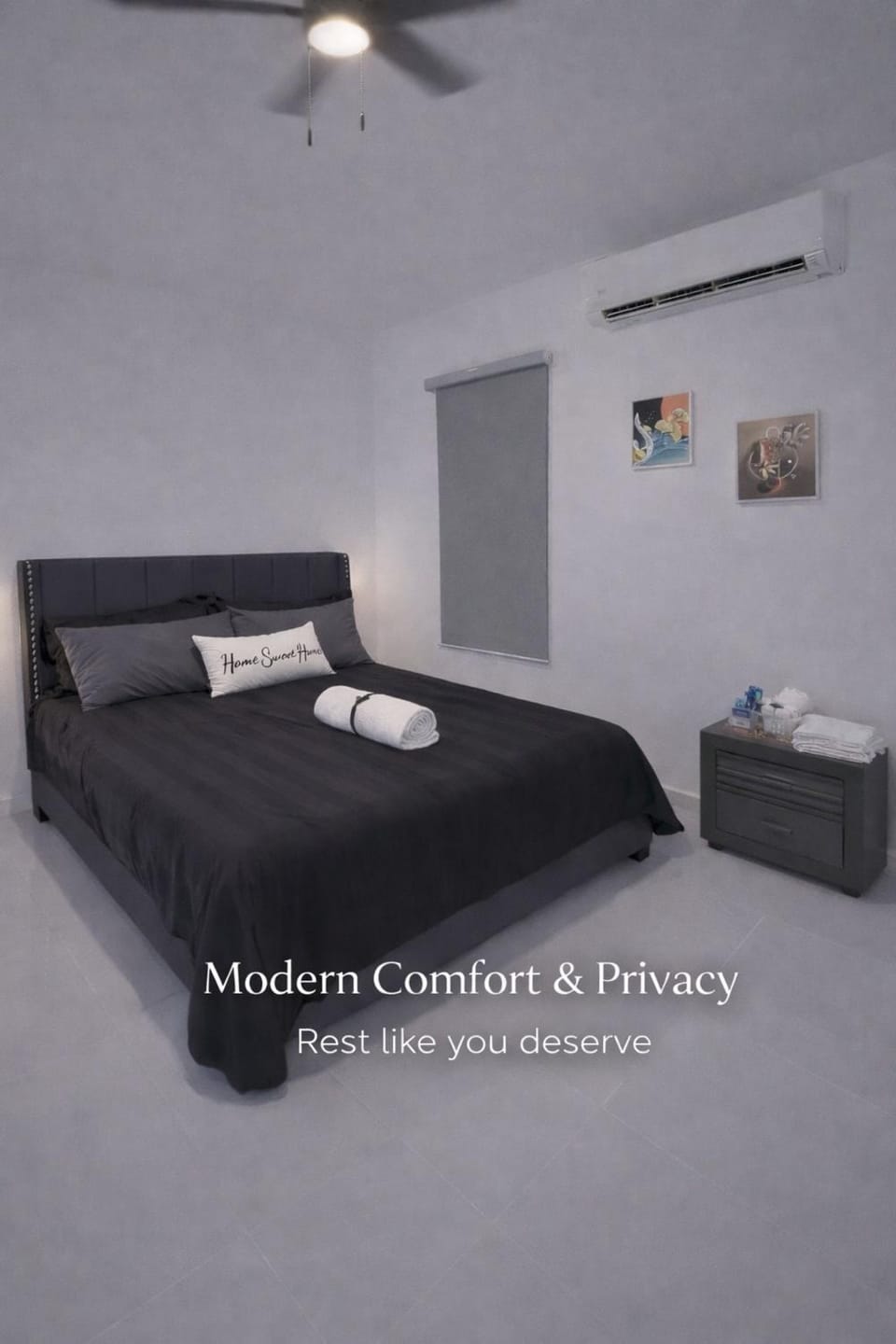 Bed, Bedroom, towels, air conditioner