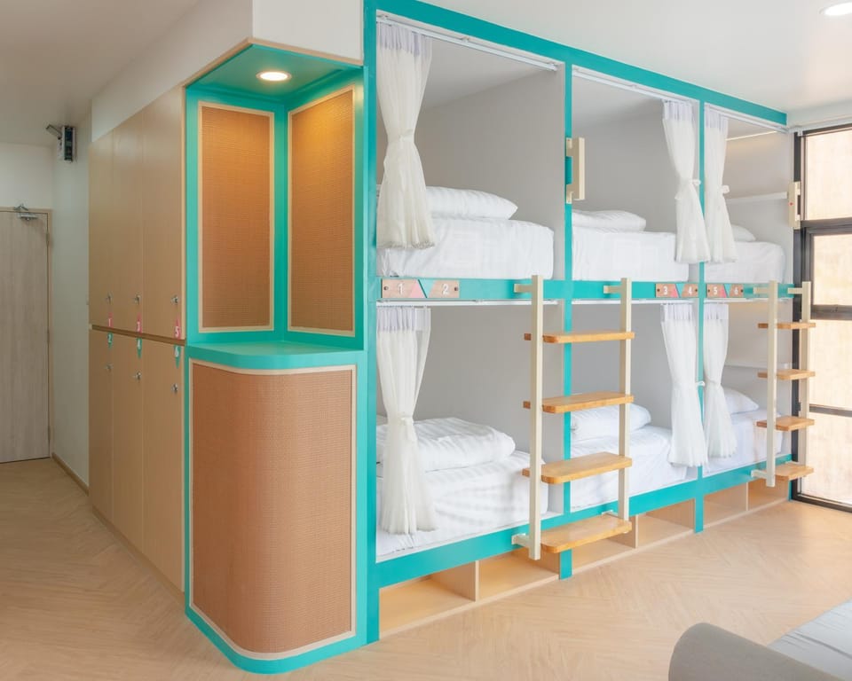 Bedroom, bunk bed, towels, wardrobe