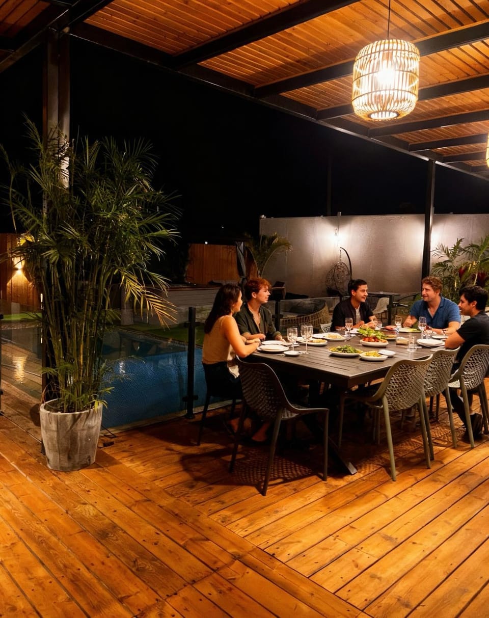People, Dining area, Pool view, Swimming pool