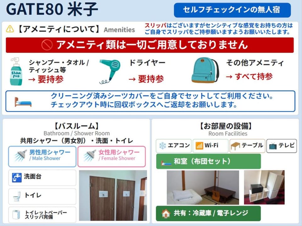 GATE80米子 無人宿 完全セルフ 予約メッセージ欄確認要す スマートロック 暗証番号チェックイン 素泊まり専門 アメニティ持参で格安滞在 セコム24h監視 駐車場7台 Hotel in Japan