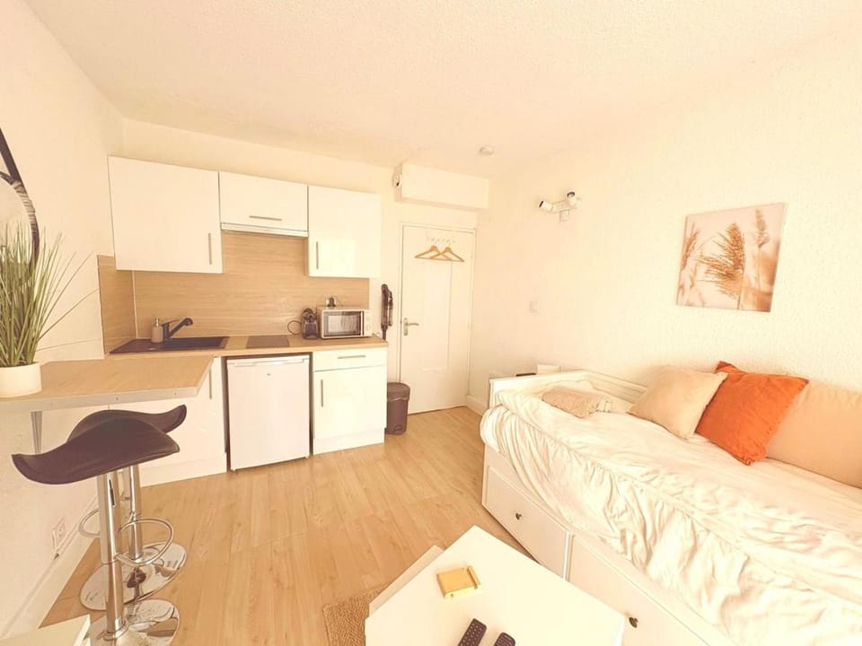 Kitchen or kitchenette, Living room, Seating area, Dining area, Bedroom, stove