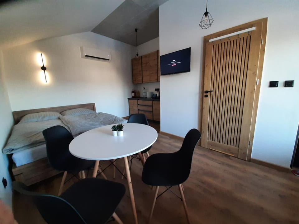 Kitchen or kitchenette, Living room, Seating area, Dining area, air conditioner