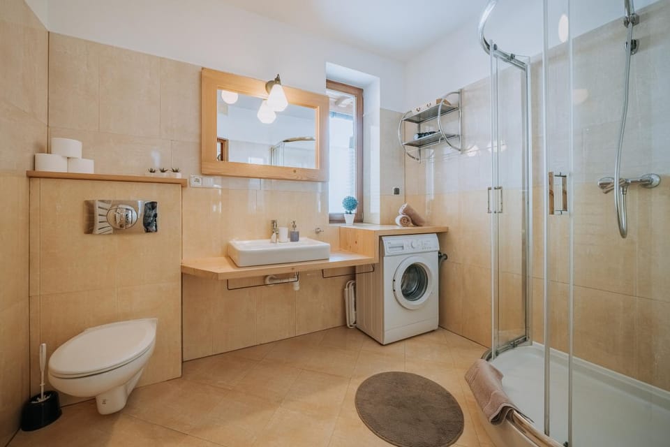 Shower, Toilet, Bathroom, towels, washing machine, dryer