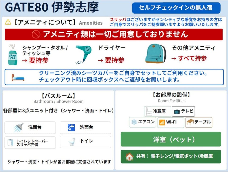 GATE80伊勢志摩 無人宿 完全セルフ 予約メッセージ欄確認要す スマートロック 暗証番号チェックイン 素泊まり専門 アメニティ持参で格安滞在 セコム24h監視 駐車場7台 Hotel in Japan