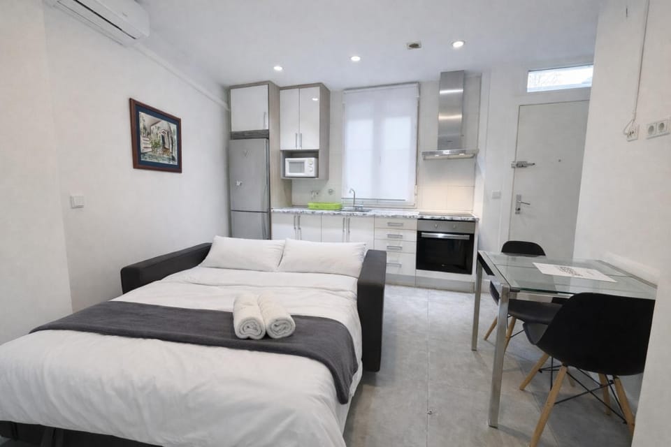 Bed, TV and multimedia, Kitchen or kitchenette, Living room, Photo of the whole room, towels, air conditioner