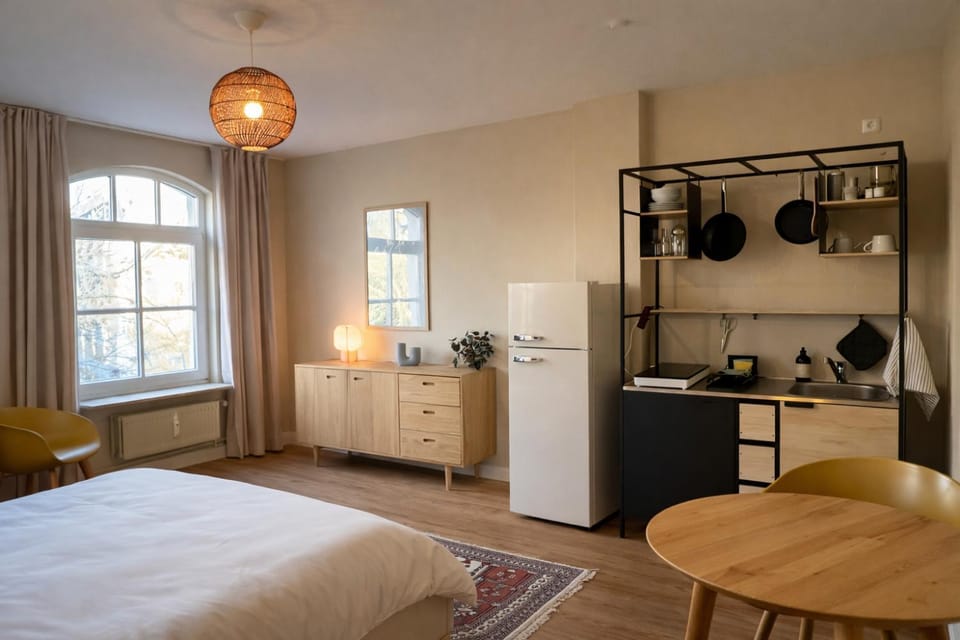 Bed, Kitchen or kitchenette, Photo of the whole room, Bedroom, stove