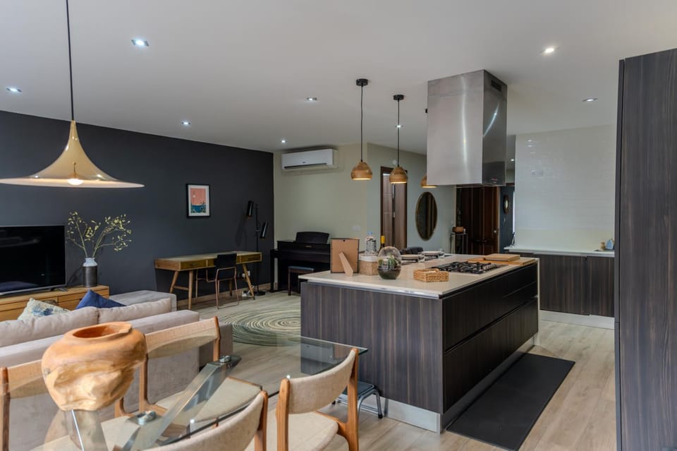Kitchen or kitchenette, Living room, Dining area, stove