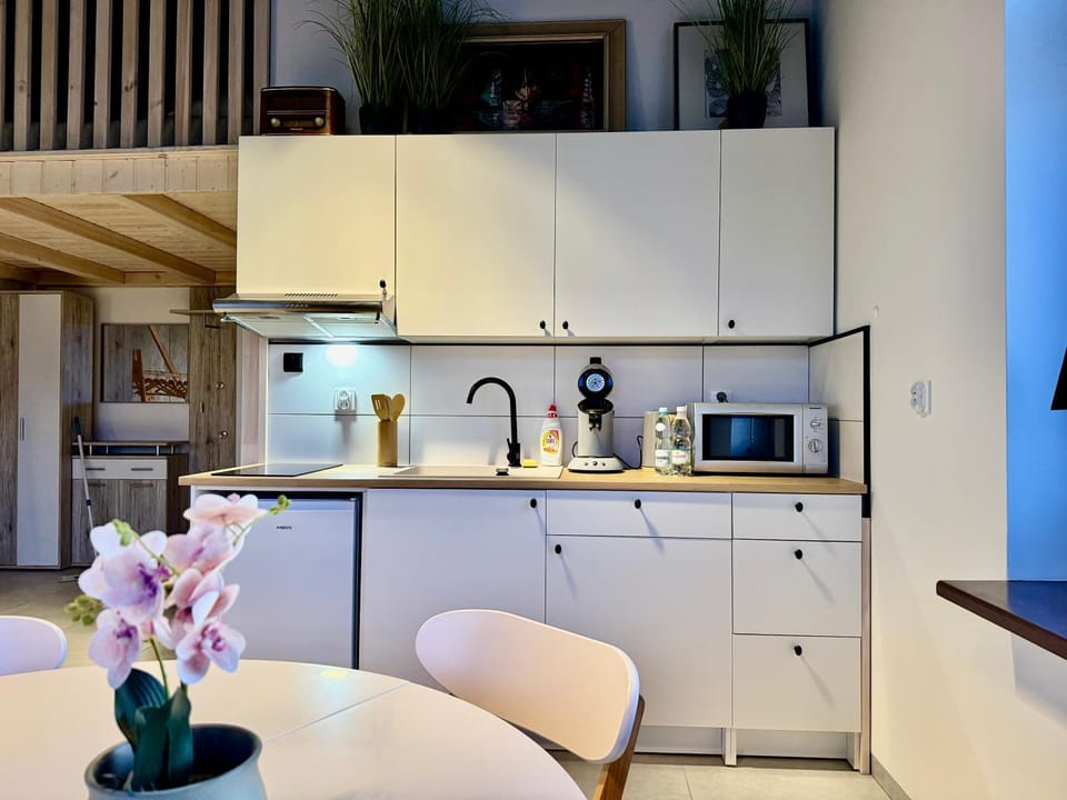 Coffee/tea facilities, Kitchen or kitchenette, oven, stove