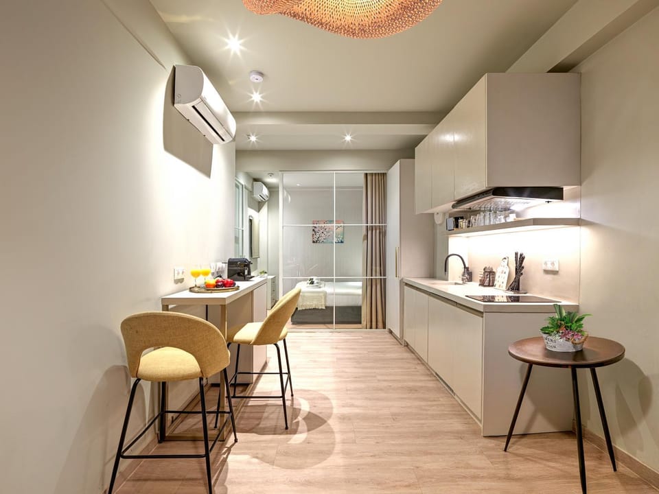 Kitchen or kitchenette, Living room, Seating area, Dining area, Bedroom, oven, air conditioner