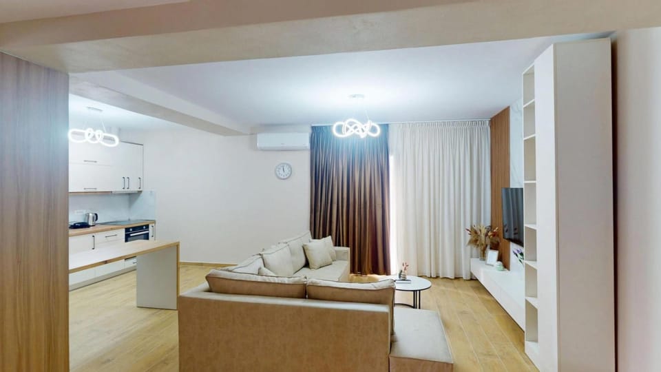 Kitchen or kitchenette, Living room, Seating area, Dining area