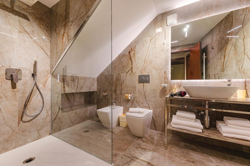 Shower, Toilet, bidet, hair dryier, towels