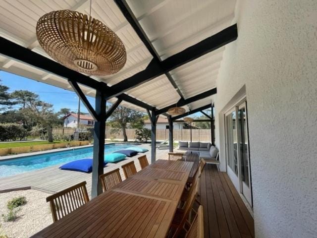 Patio, Dining area, Pool view