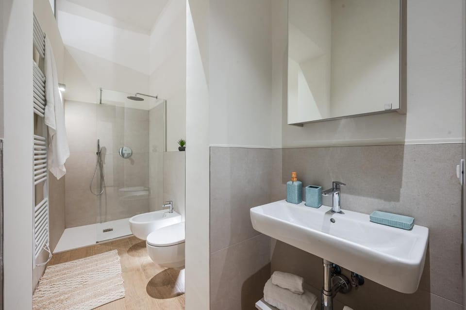 Shower, Toilet, Bathroom, bidet, hair dryier, heating, internet, towels, washing machine, dryer