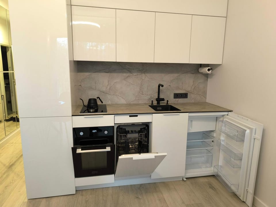 Kitchen or kitchenette, dishwasher, oven, stove