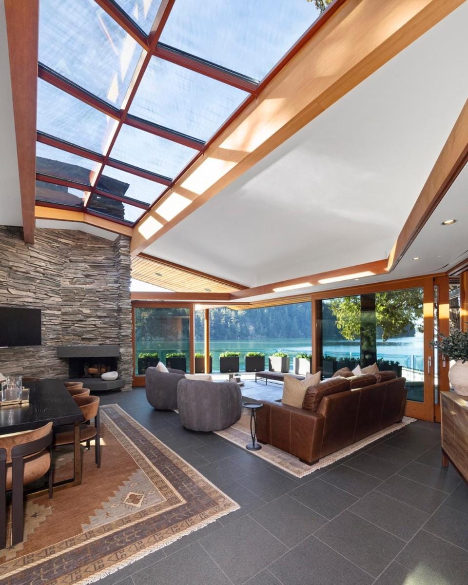 Day, Solarium, TV and multimedia, Living room, Seating area, Lake view, fireplace, furniture