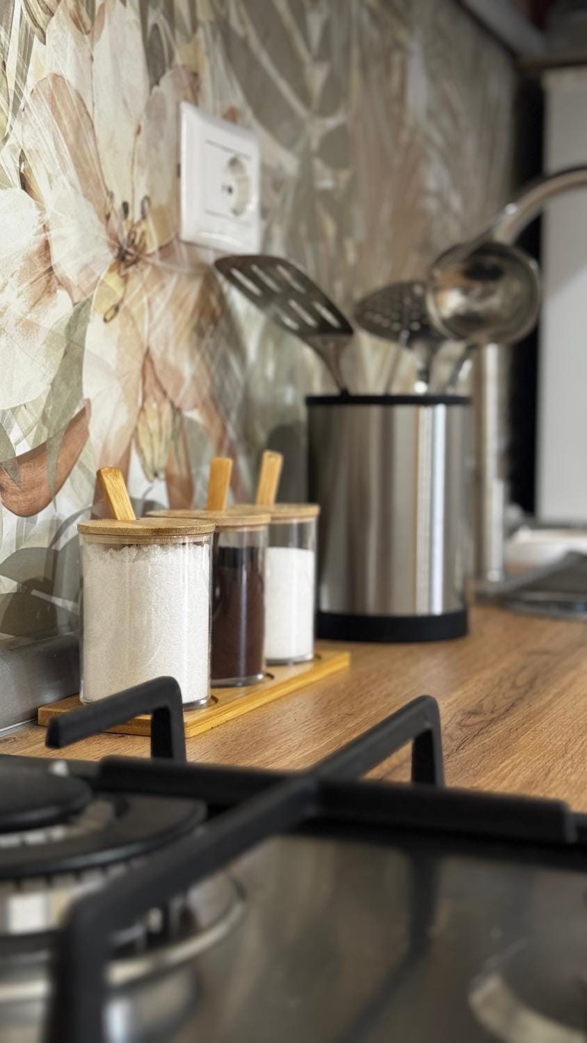 Kitchen or kitchenette, stove