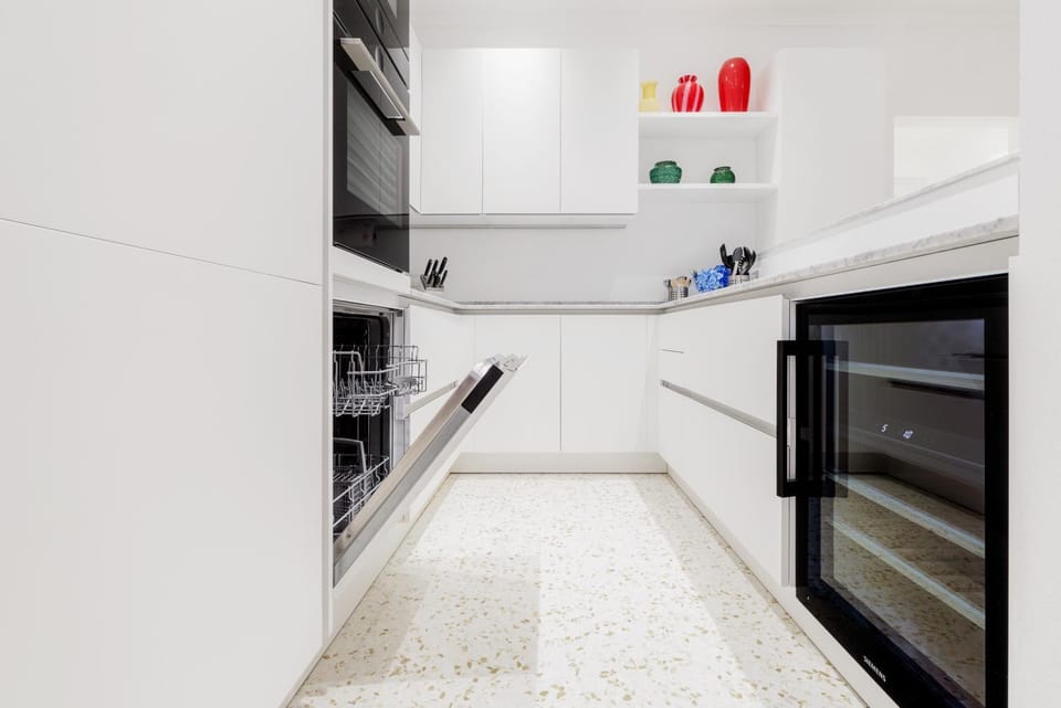 Kitchen or kitchenette, dishwasher, stove
