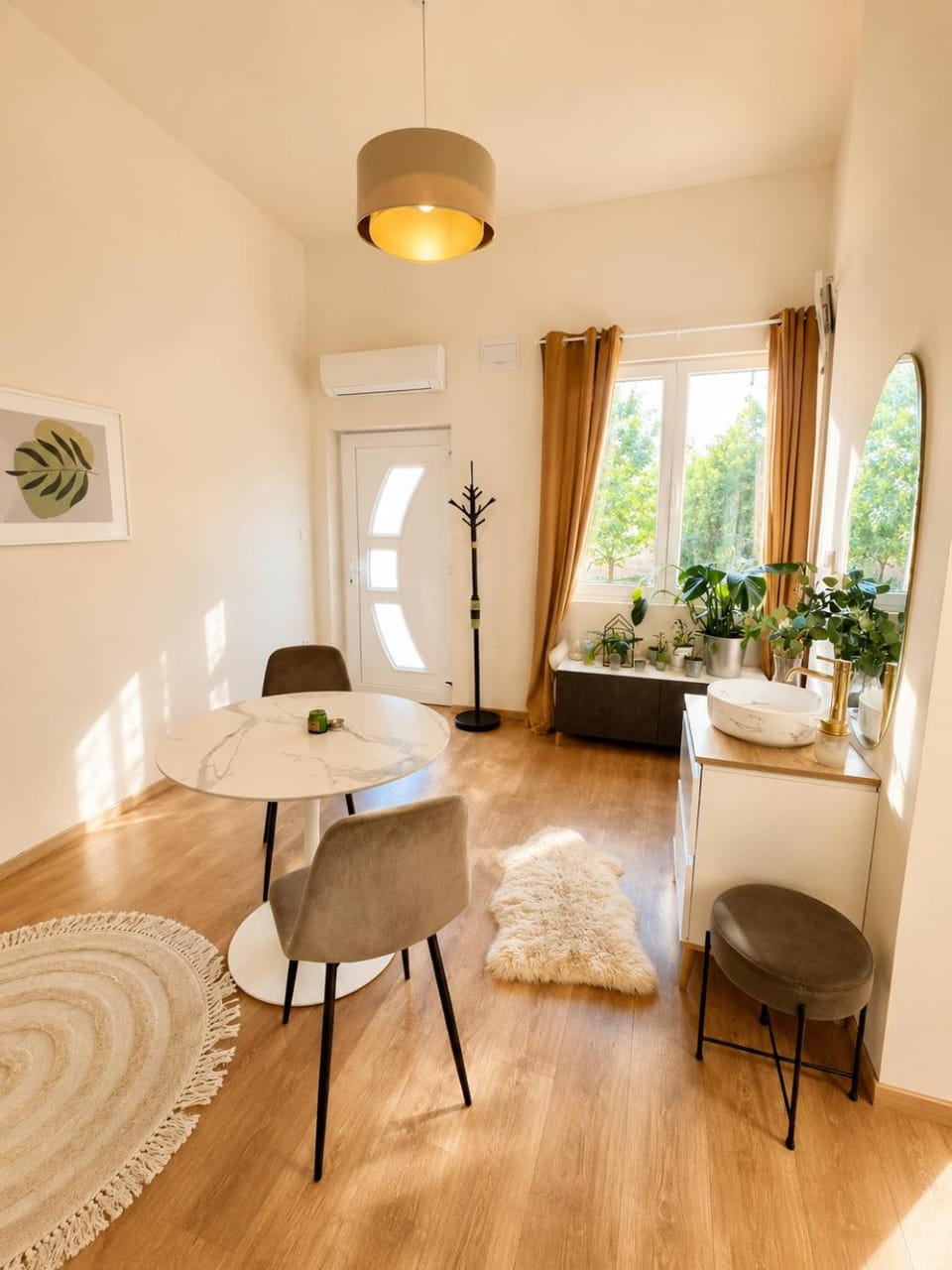 Bed, Living room, Dining area