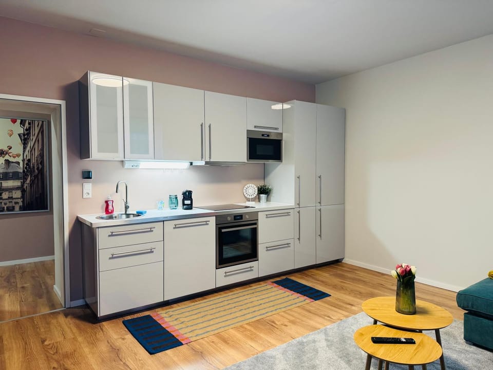Kitchen or kitchenette, dishwasher, oven, stove