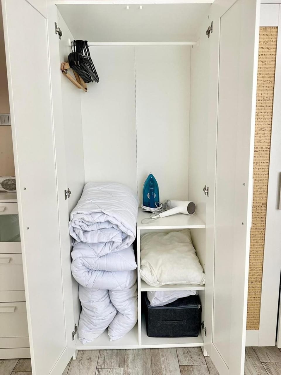 bunk bed, towels, wardrobe