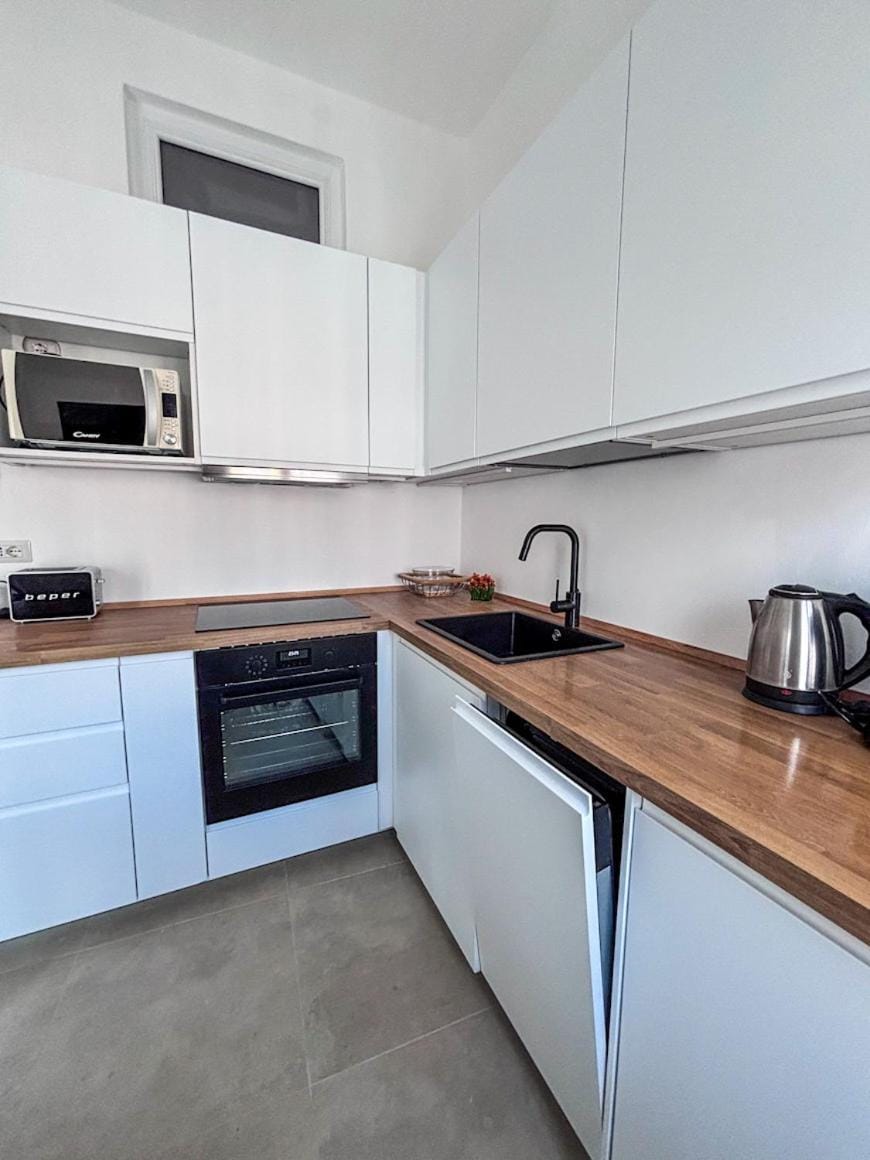 Kitchen or kitchenette, dishwasher, stove