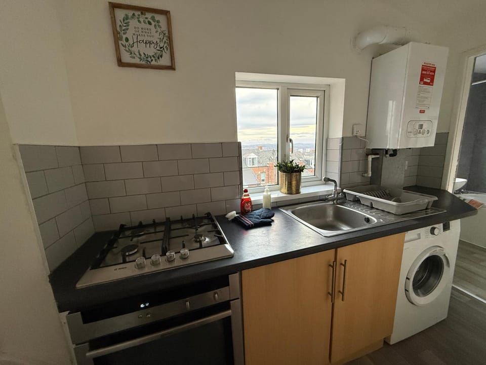 Kitchen or kitchenette, stove, washing machine