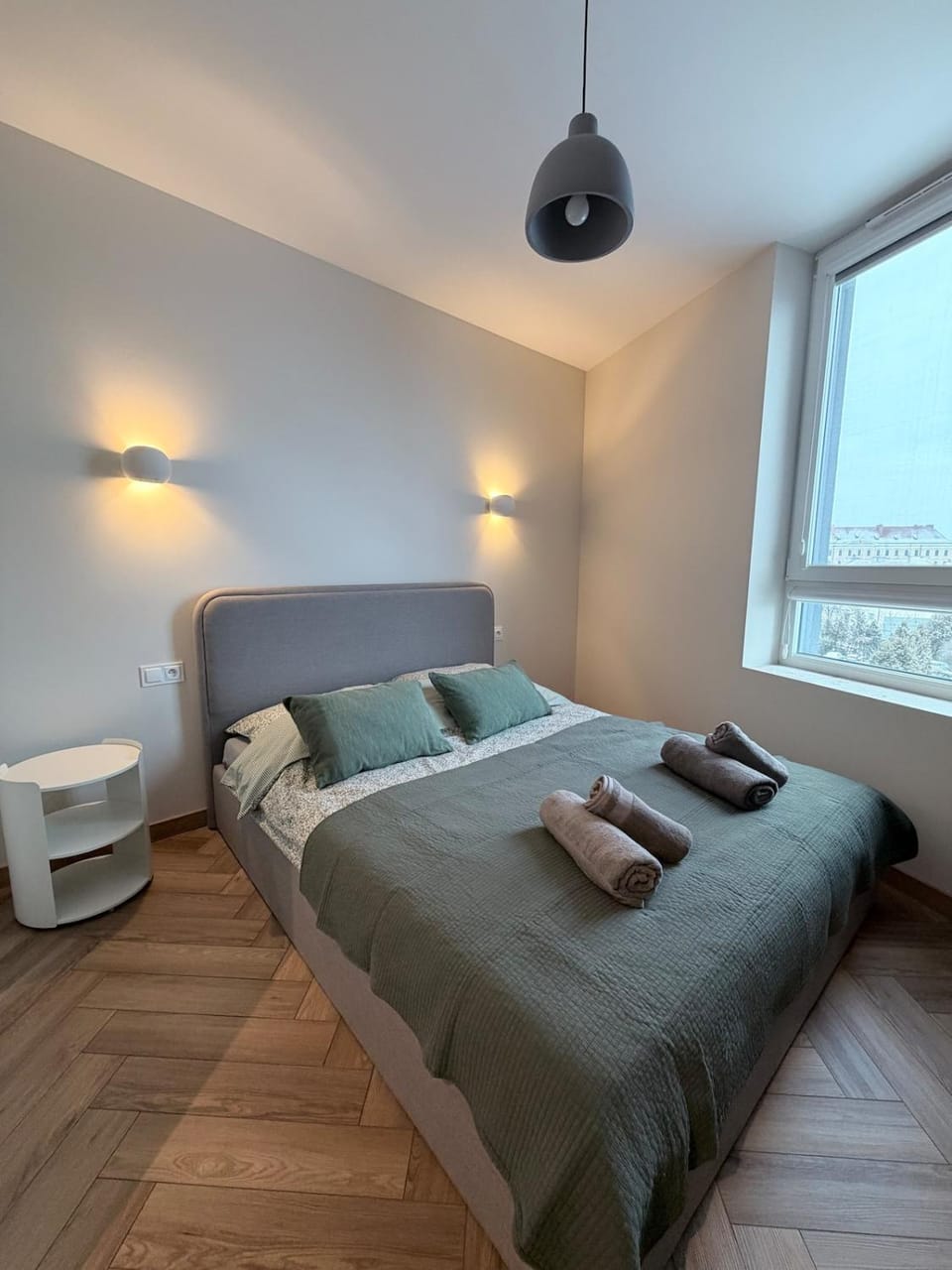 Bed, Bedroom, City view, flat iron, wardrobe