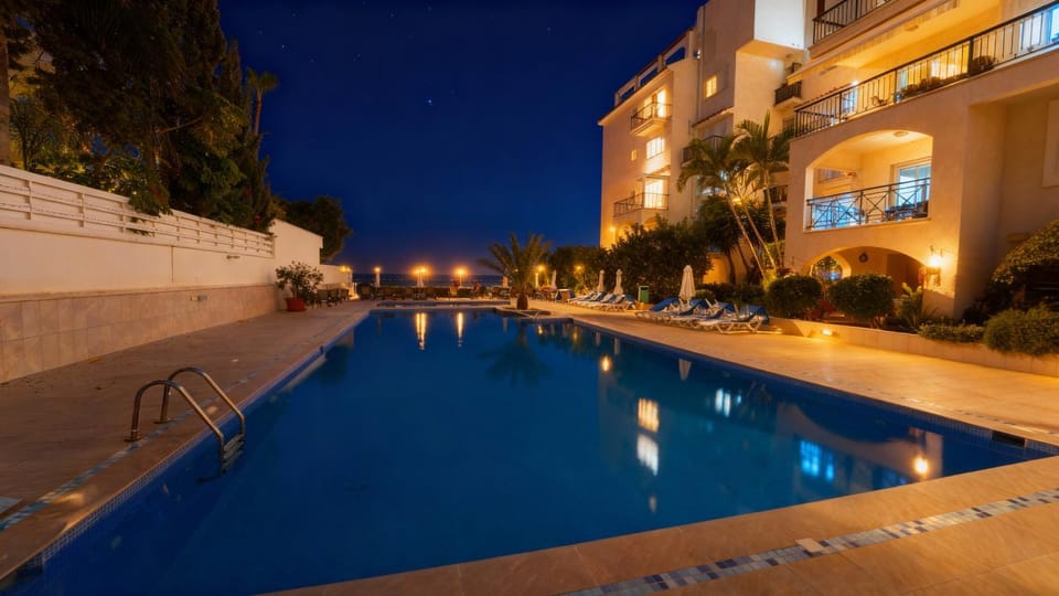 Property building, Night, Pool view, Swimming pool, sunbed