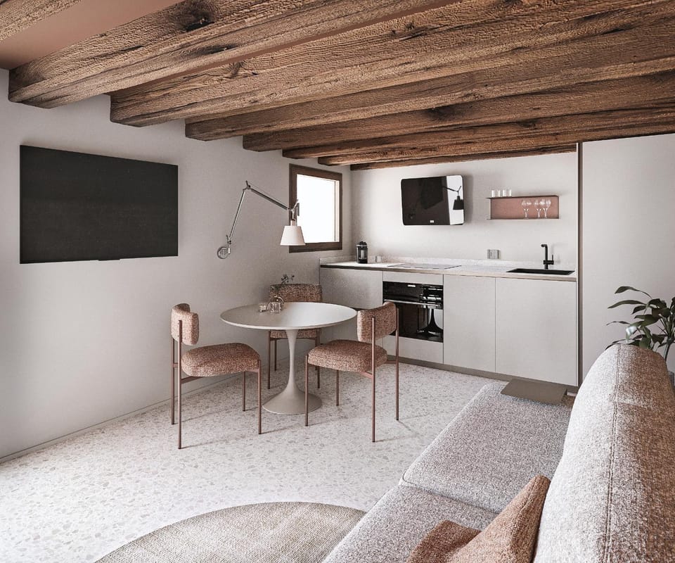 Kitchen or kitchenette, Living room, Seating area, Dining area, stove