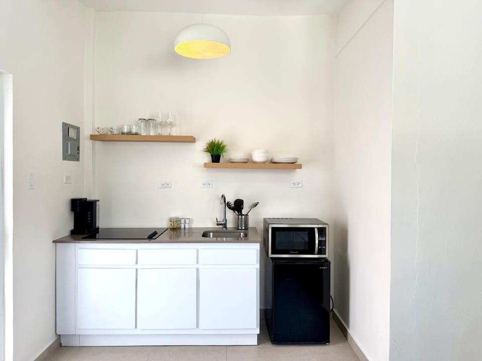 Kitchen or kitchenette, stove
