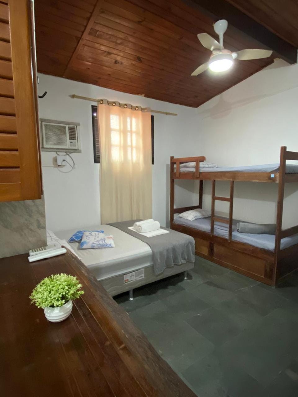 Bed, Photo of the whole room, Bedroom, bunk bed, towels, air conditioner