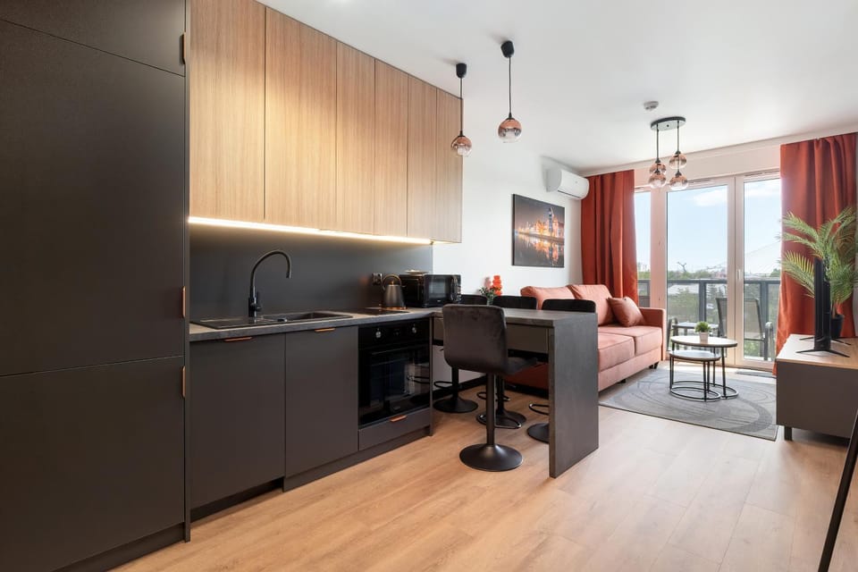 Kitchen or kitchenette, Living room, microwave, stove
