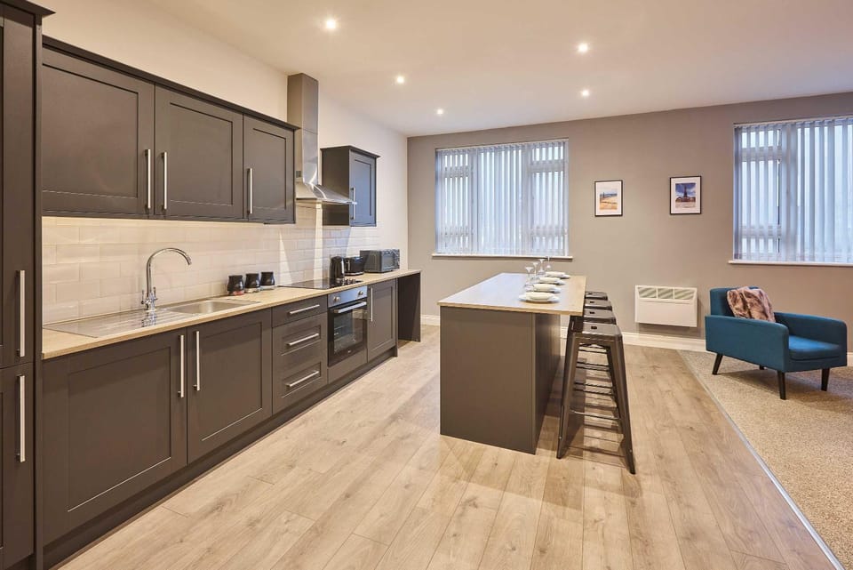 Kitchen or kitchenette, Living room, Dining area, stove