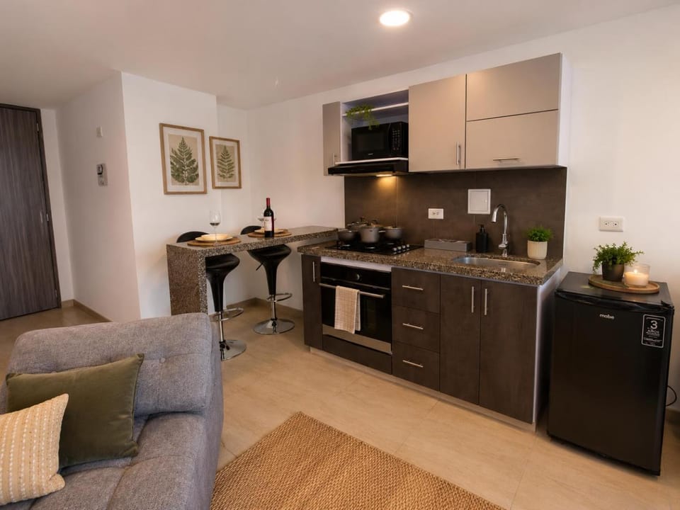 Kitchen or kitchenette, Living room, Dining area, minibar, stove