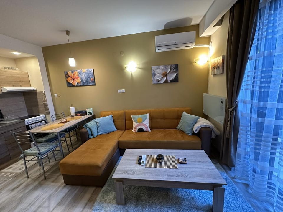 Kitchen or kitchenette, Living room, Seating area, Dining area, air conditioner