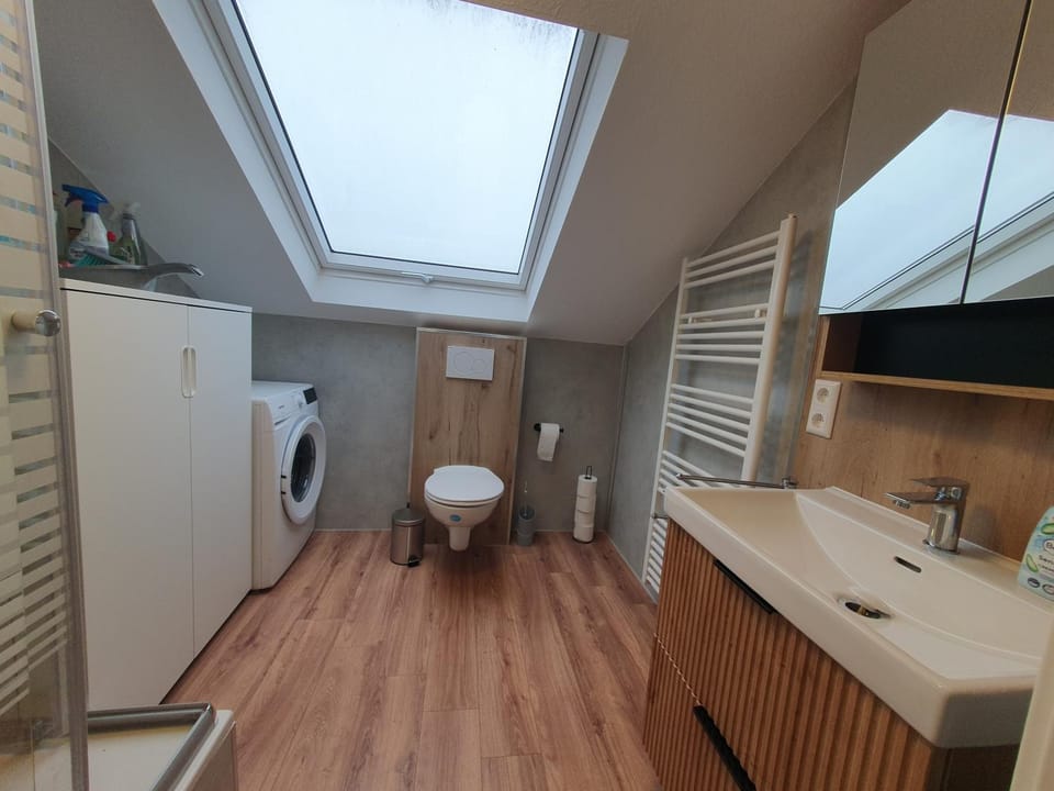 Shower, Toilet, Bathroom, hair dryier, washing machine