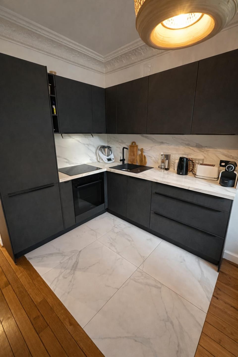 Kitchen or kitchenette, stove