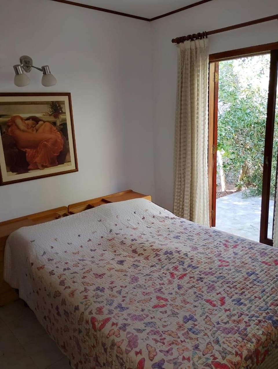 Bed, Decorative detail, Bedroom, Garden view