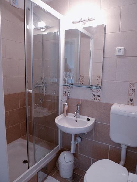 Shower, Toilet, Bathroom, hair dryier, towels