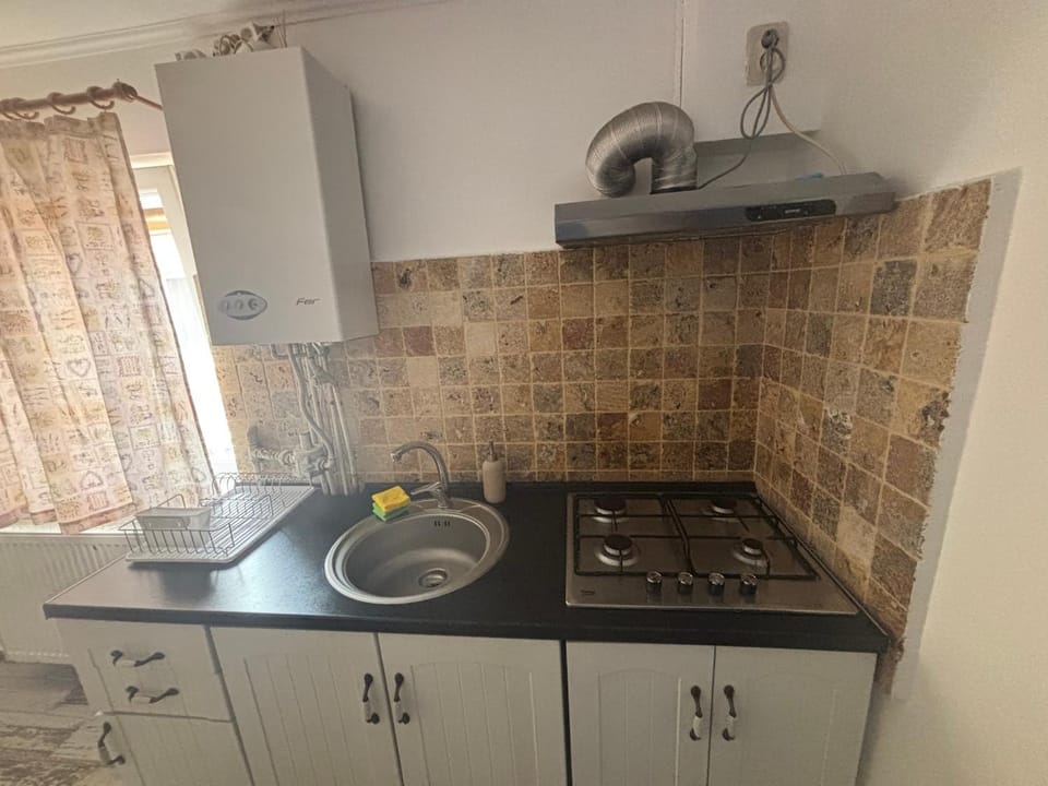 Kitchen or kitchenette, stove