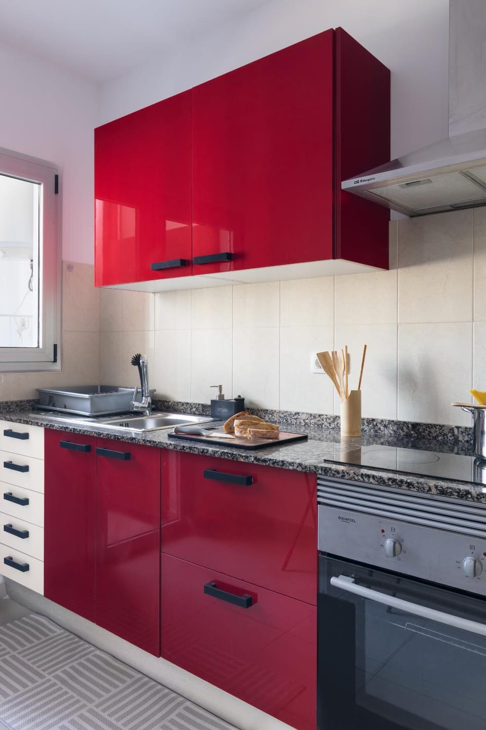 Kitchen or kitchenette, stove