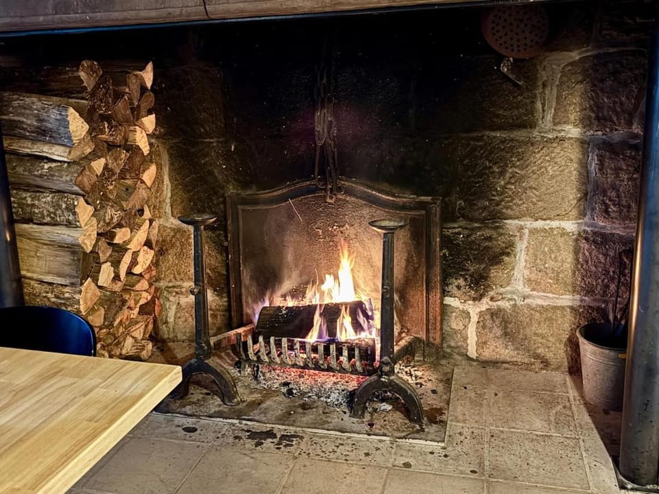 fireplace, kitchen