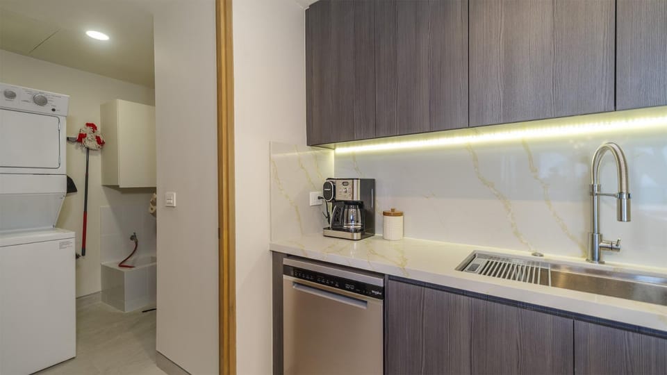 Kitchen or kitchenette, dishwasher, oven, washing machine, dryer, kitchen