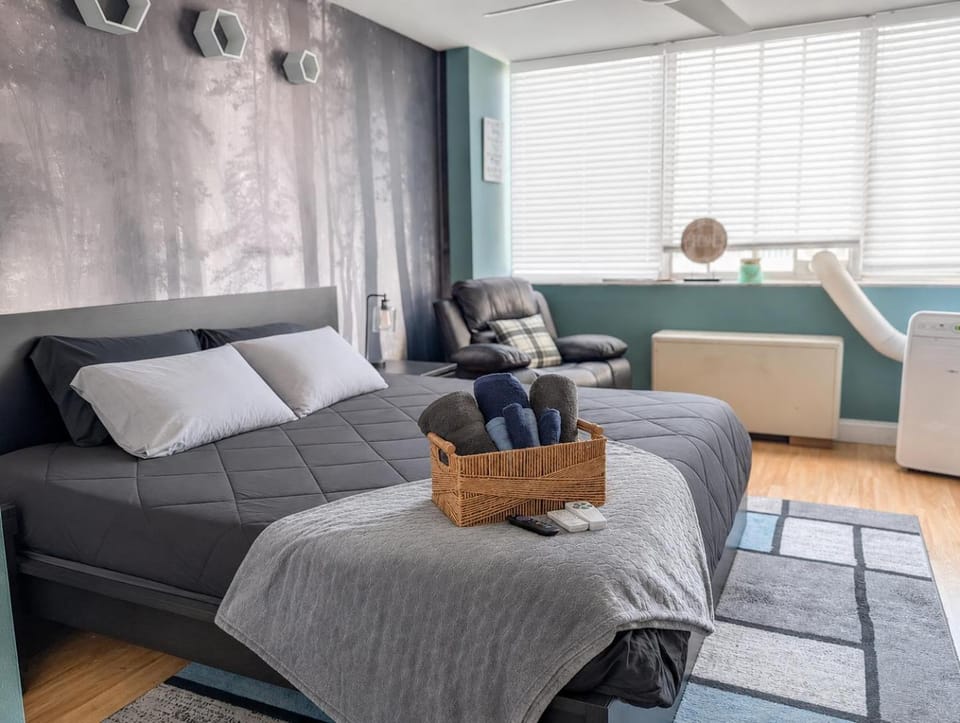 Bed, TV and multimedia, Bedroom, City view, towels, air conditioner