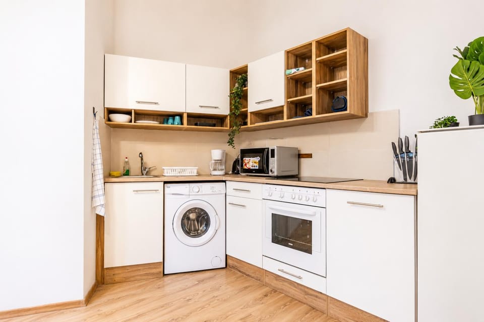 Kitchen or kitchenette, oven, stove, washing machine