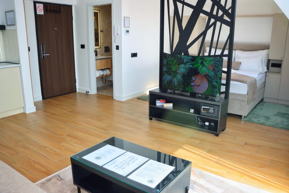 Bed, Bathroom, TV and multimedia, Kitchen or kitchenette, Living room, Photo of the whole room, Bedroom