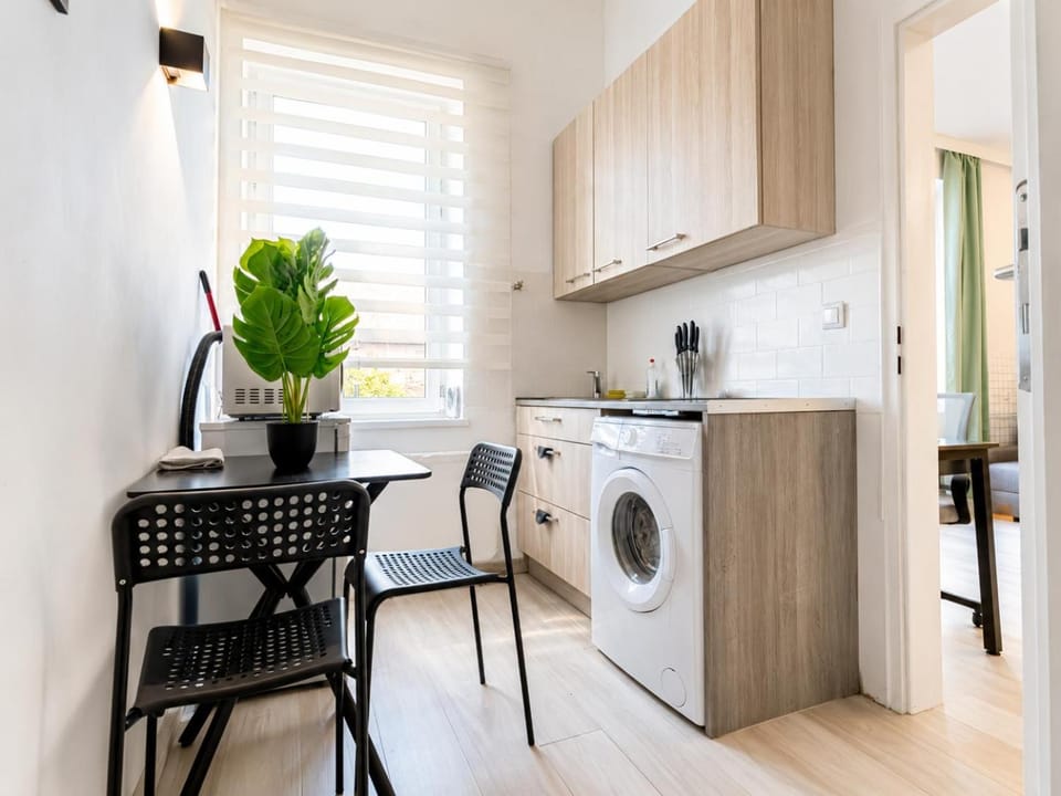 Kitchen or kitchenette, Seating area, Dining area, oven, stove, toaster, washing machine