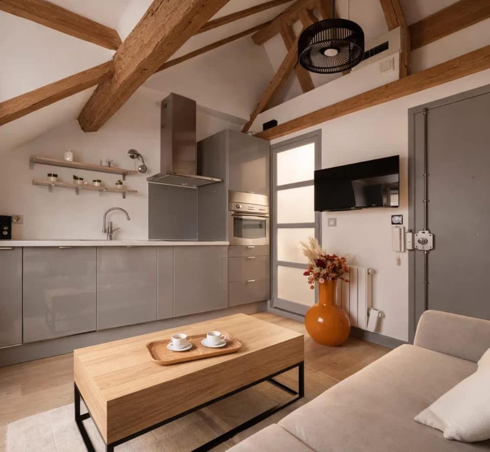 Kitchen or kitchenette, Living room, Seating area, Dining area, stove