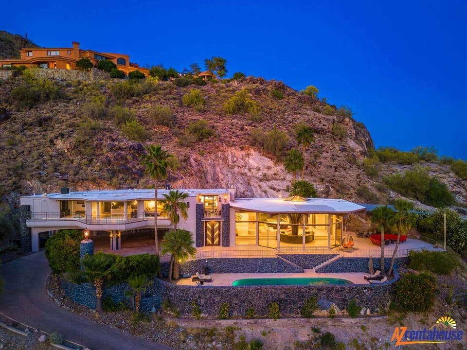 Property building, Night, Natural landscape, Bird's eye view, Swimming pool