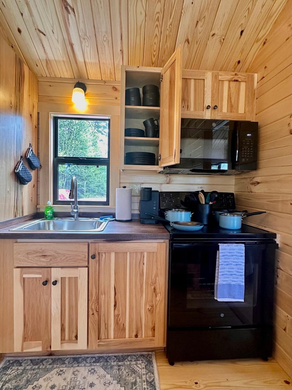 Kitchen or kitchenette, microwave, stove